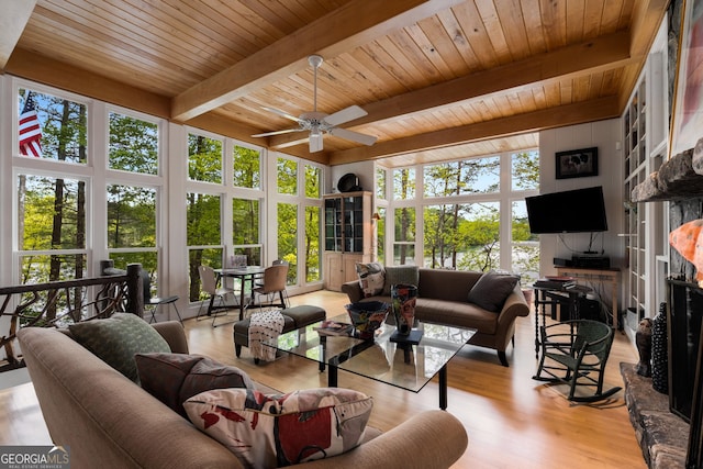 1006 Perrin Cove Rd, Tiger, GA 30576 - living area featuring a wooden ceiling with exposed beams, a ceiling fan, and wood finished floors