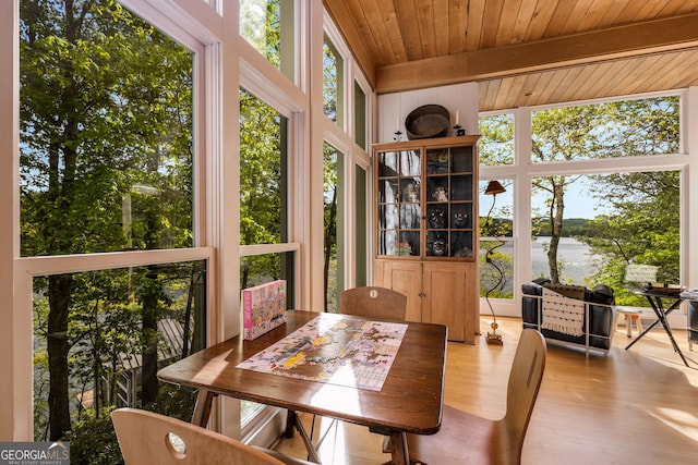 1006 Perrin Cove Rd, Tiger, GA 30576 - sunroom / solarium featuring a water view, wood finished floors, and a wooden ceiling with exposed beams