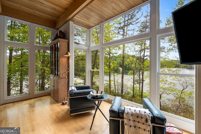 1006 Perrin Cove Rd, Tiger, GA 30576 - sunroom / solarium with a wooden ceiling with exposed beams, healthy amount of natural light, wood finished floors, a high ceiling, and view of scattered trees