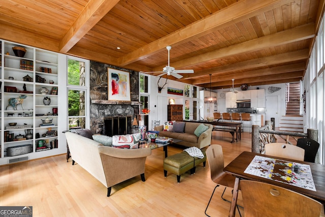 1006 Perrin Cove Rd, Tiger, GA 30576 - living room featuring a wood ceiling with exposed beams, a ceiling fan, light wood-style floors, a fireplace, and stairway
