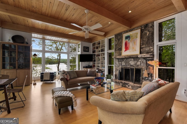 1006 Perrin Cove Rd, Tiger, GA 30576 - living room featuring a wooden ceiling with exposed beams, wood finished floors, a ceiling fan, and a fireplace