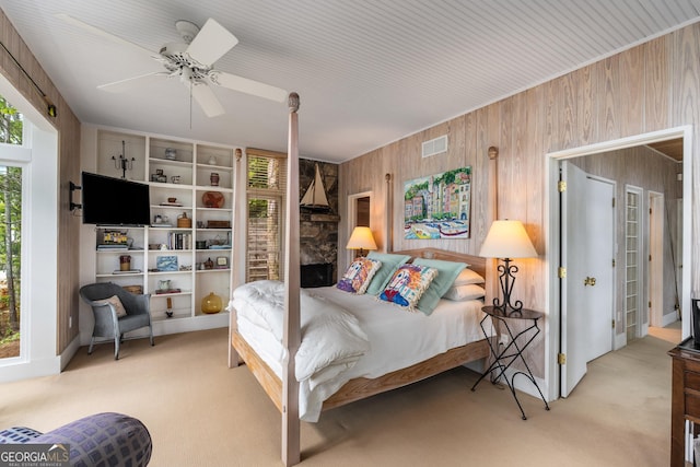 1006 Perrin Cove Rd, Tiger, GA 30576 - bedroom featuring wooden walls, carpet, and a ceiling fan