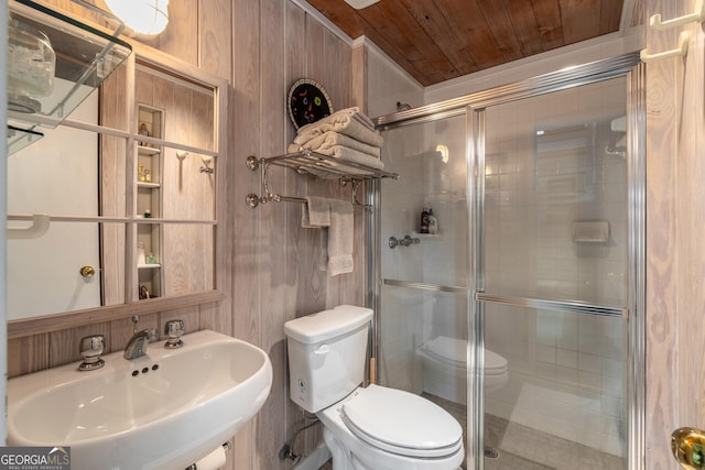 1006 Perrin Cove Rd, Tiger, GA 30576 - bathroom featuring a shower stall, wood ceiling, and wood walls