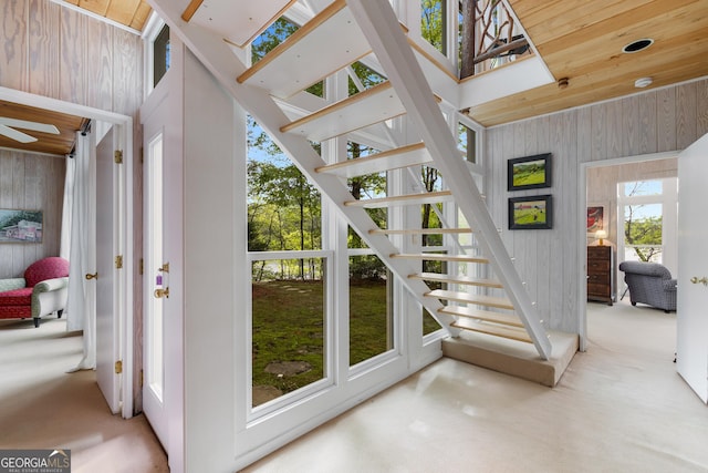 1006 Perrin Cove Rd, Tiger, GA 30576 - stairway with wood walls, carpet, a high ceiling, wood ceiling, and ceiling fan