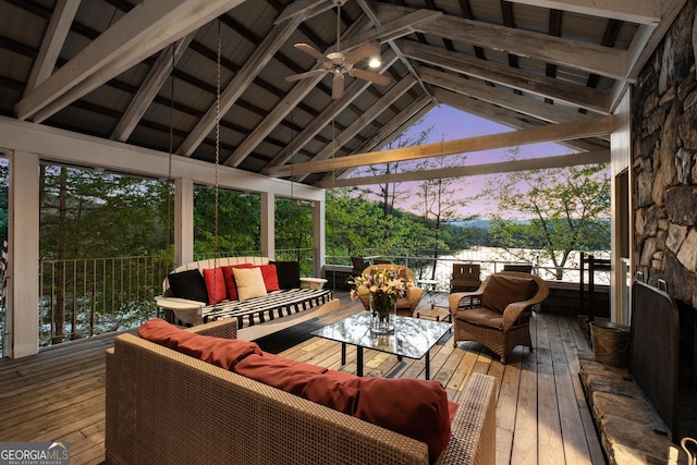 1006 Perrin Cove Rd, Tiger, GA 30576 - deck at dusk featuring an outdoor hangout area and ceiling fan