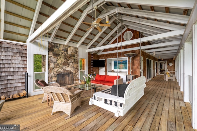 1006 Perrin Cove Rd, Tiger, GA 30576 - wooden terrace with an outdoor living space with a fireplace and a ceiling fan