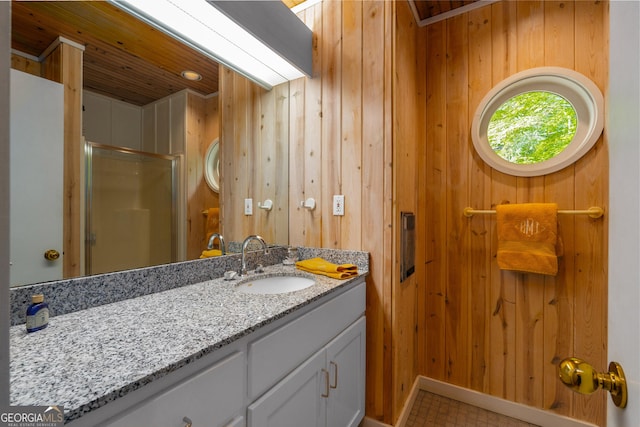 1006 Perrin Cove Rd, Tiger, GA 30576 - bathroom featuring vanity, wood walls, a stall shower, and wooden ceiling