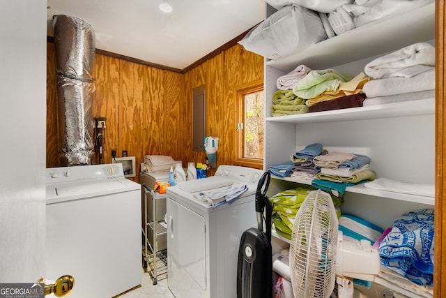 1006 Perrin Cove Rd, Tiger, GA 30576 - washroom with washing machine and clothes dryer and wood walls