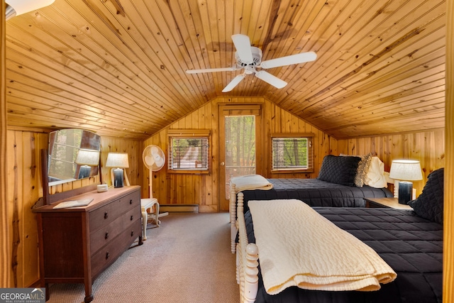 1006 Perrin Cove Rd, Tiger, GA 30576 - carpeted bedroom featuring wood ceiling, wood walls, lofted ceiling, and a ceiling fan