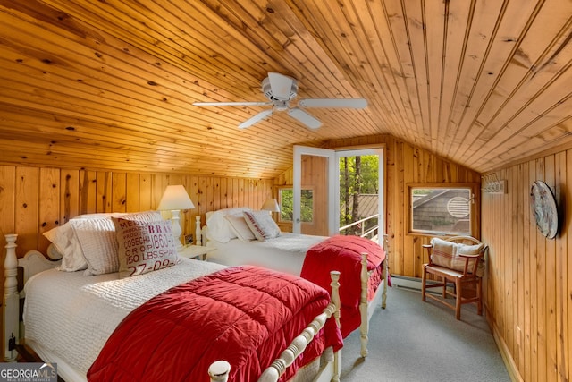 1006 Perrin Cove Rd, Tiger, GA 30576 - bedroom with wooden walls, lofted ceiling, access to exterior, wood ceiling, and carpet flooring