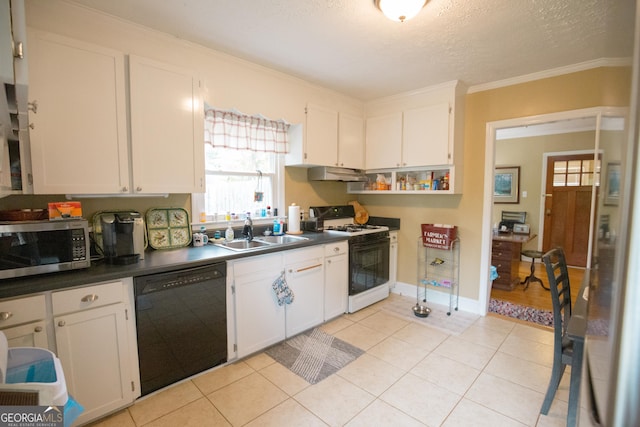 kitchen with a sink, range with gas stovetop, black dishwasher, stainless steel microwave, and under cabinet range hood