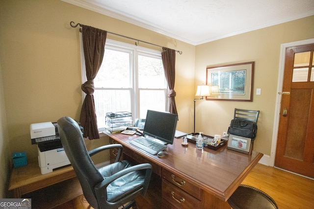 office with ornamental molding and wood finished floors