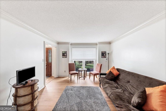 living area with ornamental molding, light wood-type flooring, and a textured ceiling
