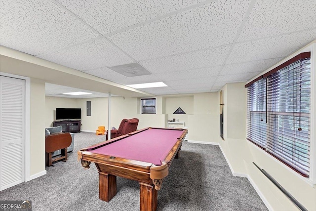playroom with baseboards, carpet, pool table, and a drop ceiling