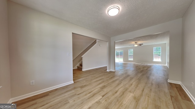 8256 Milam Loop, Fairburn, GA 30213 - unfurnished living room with stairs, baseboards, ceiling fan, a textured ceiling, and light wood finished floors