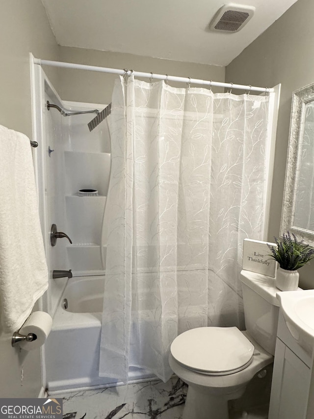 bathroom with visible vents, vanity, marble finish floor, shower / bath combination with curtain, and toilet
