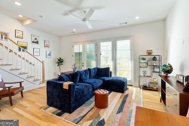 686 Exchange St SE, Atlanta, GA 30315 - living area with ceiling fan, visible vents, stairway, recessed lighting, and light wood-style flooring