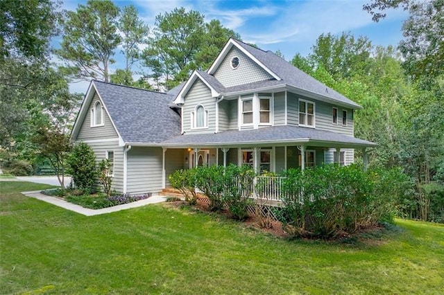 view of front of home with a porch, roof with shingles, and a front yard
