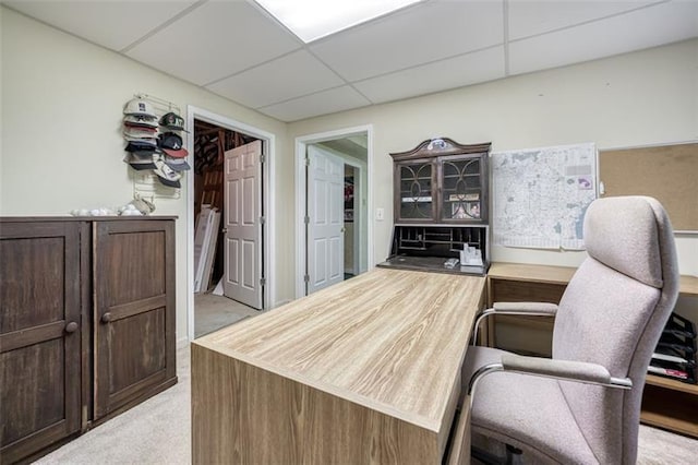 office area featuring a drop ceiling and light carpet