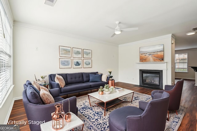 3505 Chattahoochee Summit Ln SE Unit 25, Atlanta, GA 30339 - living room with a fireplace with flush hearth, crown molding, ceiling fan, and wood finished floors