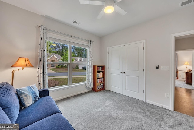 463 Marston Pass, Acworth, GA 30102 - sitting room with visible vents, a ceiling fan, baseboards, and carpet floors