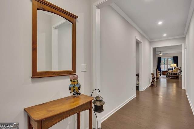 463 Marston Pass, Acworth, GA 30102 - corridor with crown molding, recessed lighting, baseboards, and dark wood finished floors