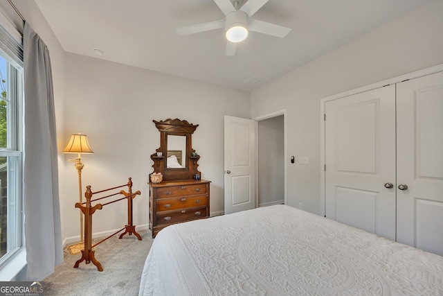 463 Marston Pass, Acworth, GA 30102 - bedroom with baseboards, ceiling fan, a closet, and light colored carpet