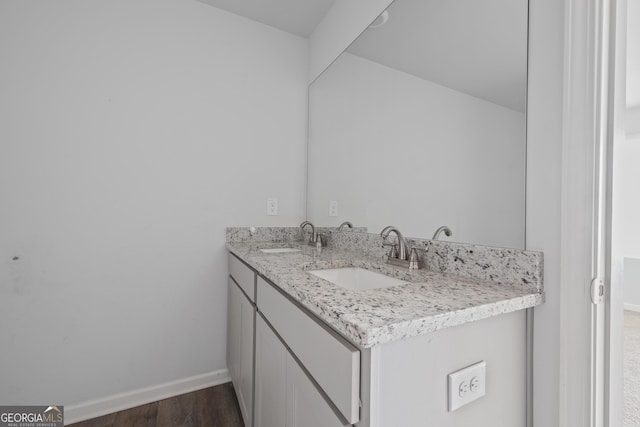 bathroom with baseboards, a sink, wood finished floors, and double vanity