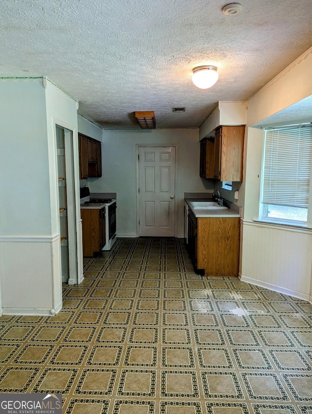 kitchen with gas range oven, a sink, a textured ceiling, and a wainscoted wall