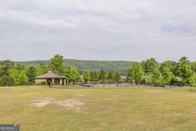 view of yard with a gazebo and a view of countryside