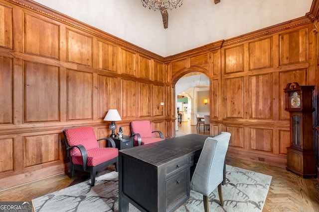 2855 Drayton Hall Dr, Buford, GA 30519 - office with a decorative wall, a towering ceiling, and arched walkways