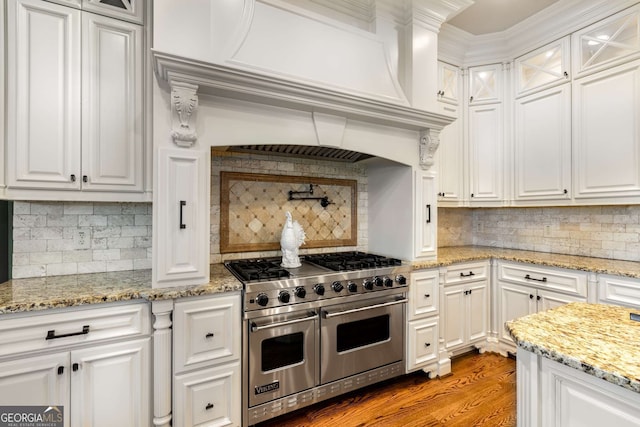 2855 Drayton Hall Dr, Buford, GA 30519 - kitchen with range with two ovens, white cabinets, and tasteful backsplash