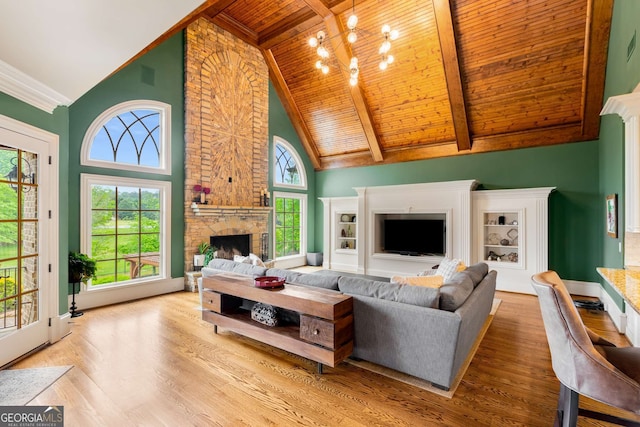 2855 Drayton Hall Dr, Buford, GA 30519 - living room featuring a fireplace, high vaulted ceiling, wood ceiling, and wood finished floors