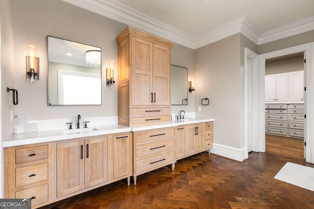 2855 Drayton Hall Dr, Buford, GA 30519 - bathroom with a sink, double vanity, ornamental molding, and baseboards