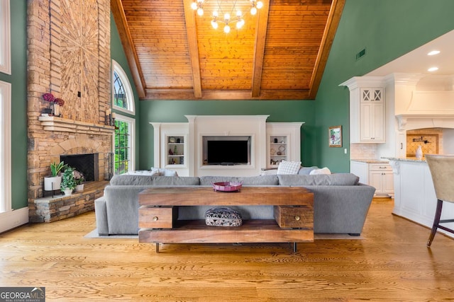 2855 Drayton Hall Dr, Buford, GA 30519 - living area with visible vents, wood ceiling, high vaulted ceiling, wood finished floors, and a fireplace