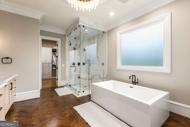 2855 Drayton Hall Dr, Buford, GA 30519 - full bath with vanity, crown molding, a spacious closet, a shower stall, and a freestanding bath