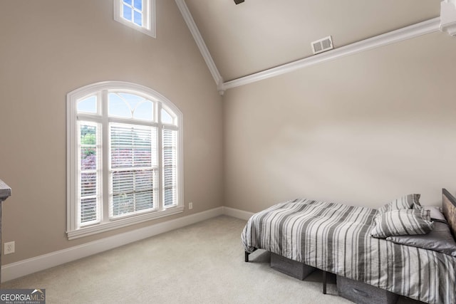 2855 Drayton Hall Dr, Buford, GA 30519 - bedroom featuring ornamental molding, carpet, high vaulted ceiling, visible vents, and baseboards