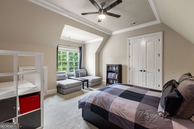 2855 Drayton Hall Dr, Buford, GA 30519 - bedroom with lofted ceiling, baseboards, carpet flooring, ornamental molding, and visible vents