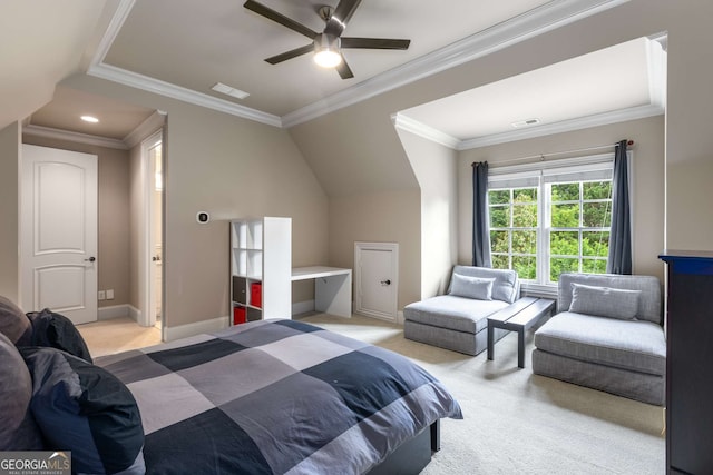 2855 Drayton Hall Dr, Buford, GA 30519 - bedroom featuring crown molding, light carpet, visible vents, and ceiling fan