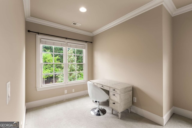 2855 Drayton Hall Dr, Buford, GA 30519 - office space featuring ornamental molding, visible vents, recessed lighting, light carpet, and baseboards
