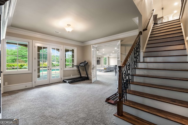 2855 Drayton Hall Dr, Buford, GA 30519 - interior space with french doors, ornamental molding, carpet, a healthy amount of sunlight, and baseboards