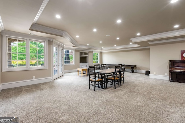 2855 Drayton Hall Dr, Buford, GA 30519 - carpeted dining area with ornamental molding, a raised ceiling, baseboards, and recessed lighting