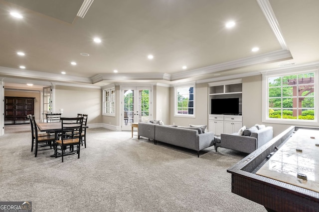 2855 Drayton Hall Dr, Buford, GA 30519 - living area featuring light carpet, french doors, a tray ceiling, and crown molding