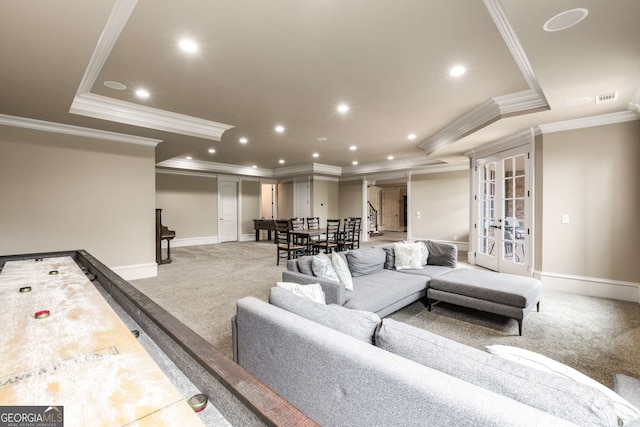 2855 Drayton Hall Dr, Buford, GA 30519 - carpeted living area featuring a tray ceiling, ornamental molding, and baseboards