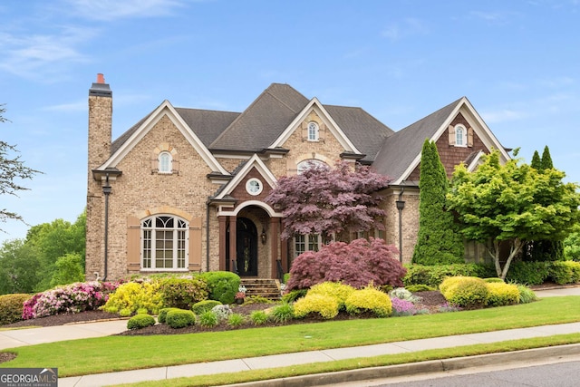 2855 Drayton Hall Dr, Buford, GA 30519 - view of front of property featuring brick siding, a shingled roof, a chimney, and a front yard