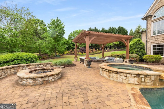 2855 Drayton Hall Dr, Buford, GA 30519 - view of patio with a pergola, a fire pit, and a hot tub
