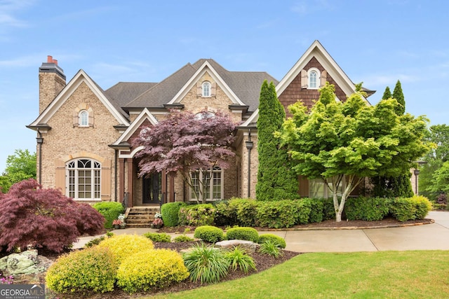 2855 Drayton Hall Dr, Buford, GA 30519 - view of front facade featuring roof with shingles, a chimney, and brick siding