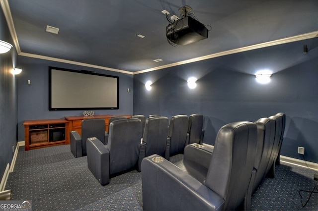 cinema featuring baseboards, carpet, and crown molding