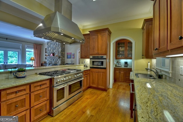 kitchen with a sink, stainless steel appliances, decorative backsplash, island range hood, and light wood-type flooring