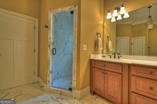 full bathroom featuring vanity, ornamental molding, marble finish floor, baseboards, and a marble finish shower
